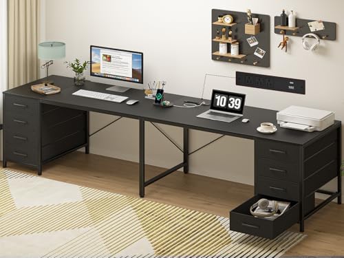 TVU 95" 2 Person Desk with 8 Drawers, Large Writing Home Office Desks with Outlets, I Shaped Workstation Double Desk Drawer Organizers