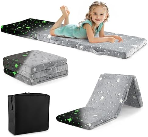 Costzon Foldable Floor Mattress for Kids, Glow in The Dark Toddler Floor Nap Mat w/Washable Flannel Cover, Tri-Folding Children Floor Bed for Sleeping Daycare Playroom