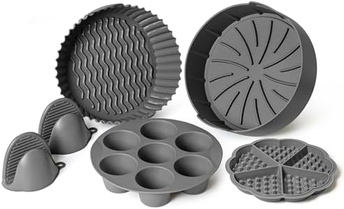 "Silicone Air Fryer Liners Set of 5 – Reusable Air Fryer Accessories with Waffle & Egg Bite Mold, Oven Mitts – Non-Stick, Food-Grade, Heat-Resistant for 5-7 Qt Ninja, Cosori, Instant Pot"
