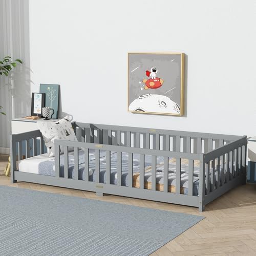 Bellemave Twin Size Montessori Floor Bed for Kids,Twin Floor Bed Frame with Slats,Solid Wood Twin Bed Frame for Girls Boys,Grey