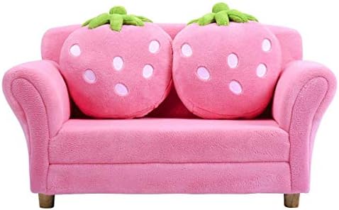 Costzon Kids Couch, Double Seat Pink Children's Sofa with 2 Strawberry Pillows, Toddler Armrest Chair for Bedroom, Living Room, Large Soft for Kids Loveseat Toy for Baby Girls Preschool Gifts Presents