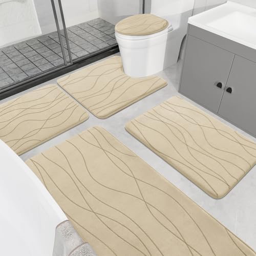 YIHOUSE Memory Foam Bathroom Rug Sets 5 Piece, Ultra Absorbent Bath Mat for Bathroom - Non-Slip Machine Washable & Dry Quickly, 5 Piece Bathroom Mat Set,Khaki