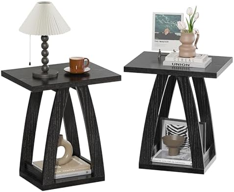 End Tables Living Room, Side Table Beside Sofa, Nightstand for Bedroom, Couch Side Table with Shelf, Modern End Table for Living Room, Black End Table Set of 2