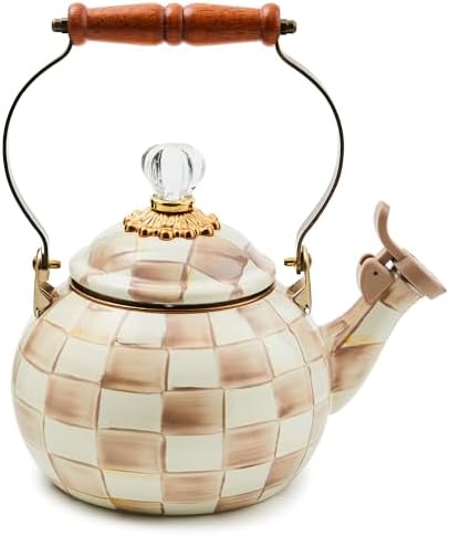MACKENZIE-CHILDS Enamel Whistling Tea Kettle, Decorative Teapot for Stovetop, Brown-and-White Mocha Check
