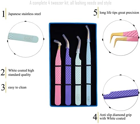 HADIZ Fiber Tip Tweezers Set of 4 Diamond Grip Eyelash Extensions Tweezers Japanese Stainless Steel Lash Tweezer (Combination)
