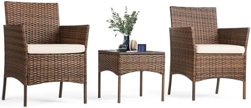 Sweetcrispy Patio Furniture Set 3 Pieces, Outdoor Furniture with Soft Cushion and Glass Table, All Weather Manual Weaving Wicker Rattan Patio Chairs for Garden, Terrace, Porch, Lawn (Brown and Beige)