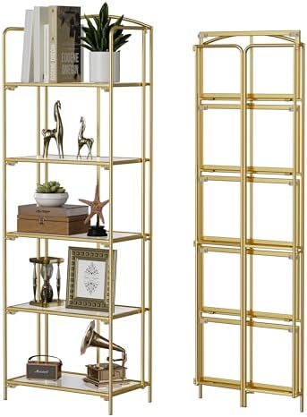 Crofy No Assembly Folding Bookshelf for Living Room, 5 Tier Gold Collapsible Book Shelf for Home Office, Portable Bookcase Storage Organizer