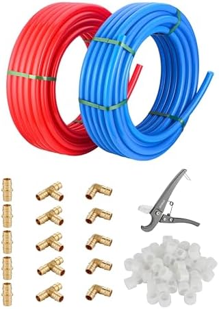 Pex-A Pipe/Fitting Combo: EFIELD 1/2-inch Pex-A Tubing 2 x100 ft (200 ft), 1/2-inch Brass Expansion Fittings- Elbow Tee Coupler (15 PCS), Expansion Rings (50 Pcs), Pipe Cutter