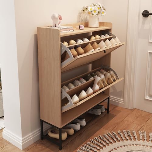 AVZEAR Shoe Cabinet, Shoe Cabinet Freestanding Tipping Bucket Shoe Rack Organizer with 2 Flip Drawers, Modern Entryway Narrow Shoe Rack for Entryway, Hallway, Bedroom (Natural), H39AFS