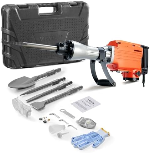 VEVOR Demolition Jack Hammer, MAX 2200W Electric Jackhammer Heavy Duty, 1350 BPM Concrete Breaker 4pcs Chisels Bit Chipping W/Case, Gloves