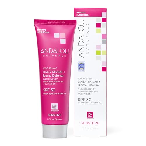 Andalou Naturals Daily Shade Face Sunscreen, 1000 Roses, SPF 30 Mineral Sunscreen with Zinc Oxide, Skin Barrier Defense + Broad Spectrum Protection, Gentle & Soothing, for Sensitive Skin - 2.7 Fl Oz