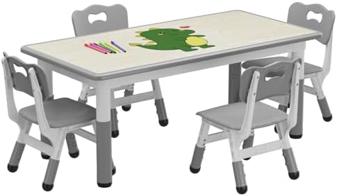 Kids Table and 4 Chairs Set, Height Adjustable Toddler Table and Chairs Set for Ages 2-10, Graffiti Desktop, Non-Slip Legs, Arts & Crafts Table, Children Activity Table for Daycare Classroom Home