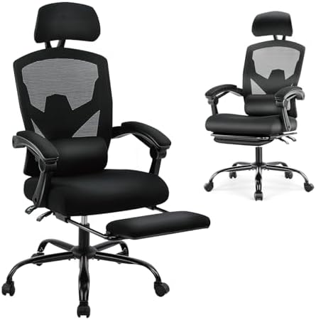 DUMOS Home Office Desk Chair with Footrest, High-Back Mesh Rolling Swivel Reclining Chairs with Wheels, Comfortable Headrest, Lumbar Support, Comfy Arms for Home, Office, Gaming, Student, Inky
