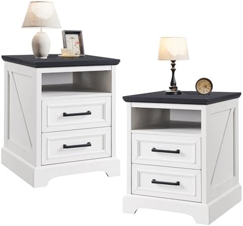 ACCOHOHO 18" Farmhouse Nightstand Set of 2 with Charging Station,End Table with 2 Drawers Storage,Side Table,Bedside Cabinet for Bedroom,Living Room, Withe