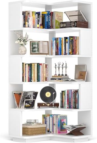 Armocity Corner Book Shelf - 6 Tier Corner Bookshelf Etagere Bookcase with Baffle, Freestanding L Shaped Display Shelf Stand for Home Office, Living Room, Bedroom, Kitchen, White