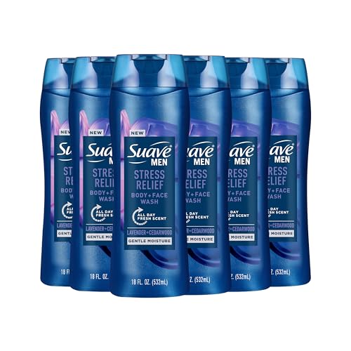 Suave Menβs Stress Relief Body + Face Wash, Gentle Moisture with Lavender & Cedarwood All Day Fresh Scent, 18 oz, 6 Pack