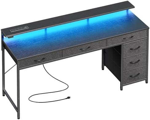 Huuger Gaming Desk with 6 Drawers, Computer Desk with LED Lights Power Outlets and Type-C, 55 Inch Office Desk with Storage, Monitor Stand, Writing Desk Work Desk Home Office, Bedroom, Study, Black