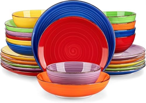 vancasso Bonita Dinnerware Sets, 24 Pieces Multicolor Stoneware Dinner Set for 6, Handpainted Spirals Pattern Ceramic Plates and Bowls Sets Kitchen Plate Set