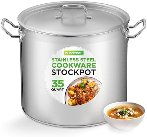 Nutrichef Stainless Steel Cookware Stockpot, 35 Quart Heavy Duty Induction Soup Pot With Stainless Steel Lid And Strong Riveted Handles, Even Heat Distribution, Compatible With Most Cooktops