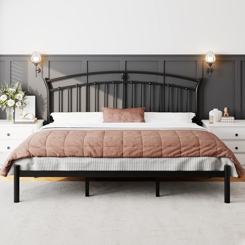 Feonase King Size Bed Frame with Headboard, Heavy-Duty Metal Black Bed Frame with 13 Hardened Steel Slats, 12" Under-Beds Storage, Noise-Free, Easy Assembly