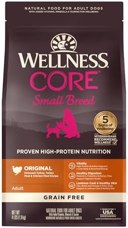 Wellness CORE Grain-Free High-Protein Small Breed Dry Dog Food, Natural Ingredients, Made in USA with Real Meat (Adult, Turkey, 4-Pound Bag)