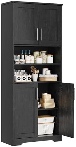 IDEALHOUSE Tall Bathroom Cabinet, 67" Bathroom Storage Cabinet with 4 Doors and Adjustable Shelves, Freestanding Cupboard Modern Storage Cabinet for Kitchen, Pantry, Living Room, Black