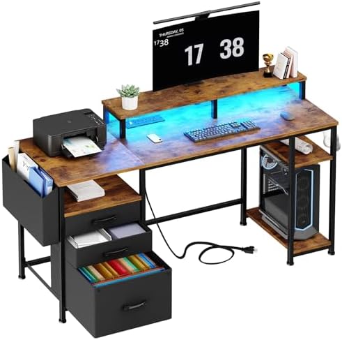 Lufeiya Gaming Desks with Led Lights and Power Outlets, 55 Inch Study Writing Computer Desk with Fabric File Drawers Cabinet for Bedroom, Home Office Desk with Shelves Monitor Stand, Rustic Brown