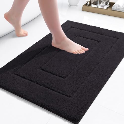 Buganda Bathroom Rugs, 24" x 16", Soft and Absorbent Microfiber Bath Rugs, Non-Slip Shaggy Shower Carpet, Machine Wash Dry Bath Mats for Bathroom Floor, Tub and Shower, Black