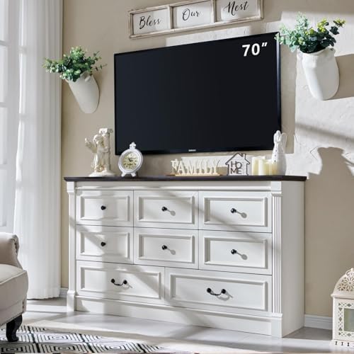 Farmhouse 8 Drawers Dresser for Bedroom, 61" Wide Large Dressers & Chests of Drawers w/Roman Column, Storage Dressers Organizer for Bedroom, Hallway, Living Room, White