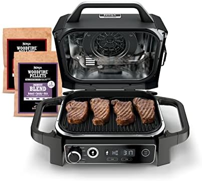 Ninja, Outdoor Woodfire Series 7-in-1, Electric Grill & Smoker, Cooks 6 Steaks, 30 Hot Dogs, Air Fryer, Grill, BBQ, Roast & More, Portable & Weather Resistant, Woodfire Pellets included, OG701