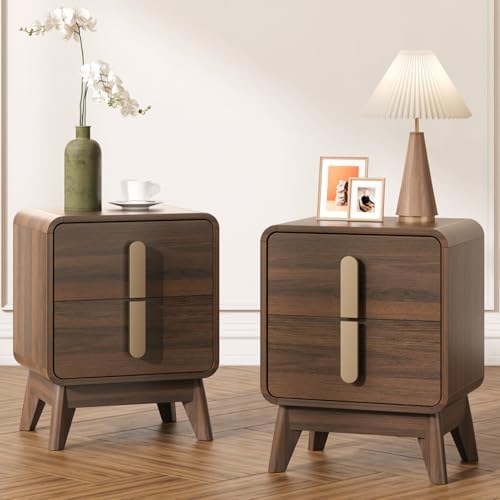 Nightstand Set of 2, Mid Century Modern Bedside Table with Drawers & Metal Handle, Curved Profile Brown End Table with Storage, Solid Wood Feet Bed Side Tables for Bedroom, Dark Walnut