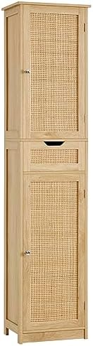 Iwell Tall Narrow Storage Cabinet with Doors, Rattan Cabinet with Adjustable Shelves, Freestanding Linen Storage for Living Room, Entryway, Kitchen, Bathroom, Natural