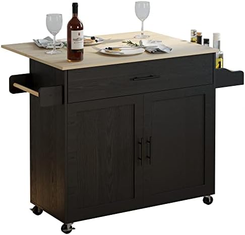 IRONCK Rolling Kitchen Island Table on Wheels with Drop Leaf, Storage Cabinet, Drawer, Spice/Towel Rack, Kitchen Cart, 47.25" Wide Black