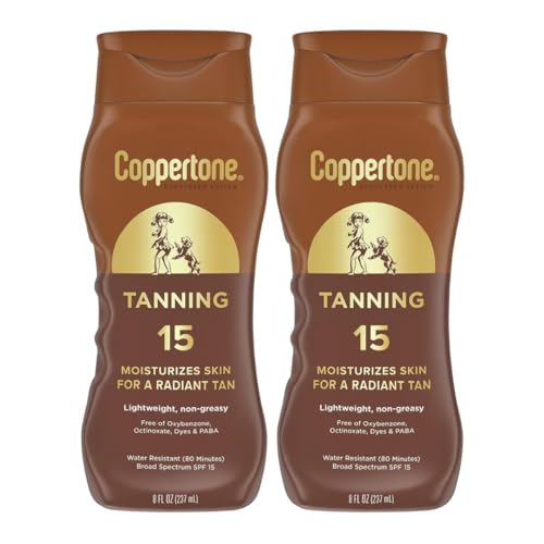 Coppertone Tanning Sunscreen Lotion, SPF 15, Broad Spectrum, Water Resistant (80 Minutes), Vitamin E Enriched, Dye, PABA, Oxybenzone Free, 16 Fl Oz (Pack of 2), White