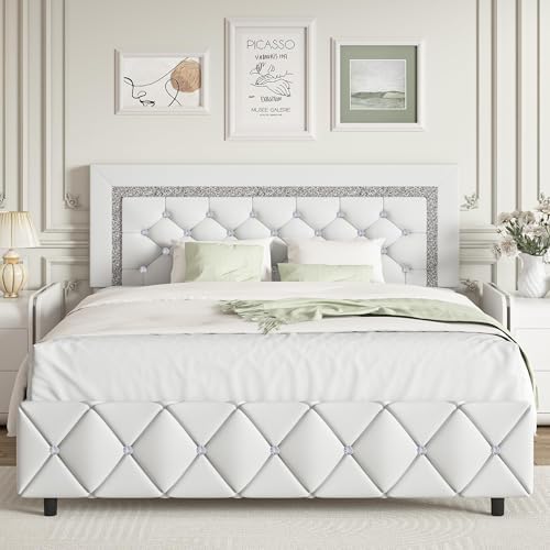 Full Size Bed Frame, Upholstered Platform Bed with Button Tufted Headboard, Princess Platform Bed with Diamond Design, Wooden Slats Support, No Box Spring Required, Easy Assembly, White