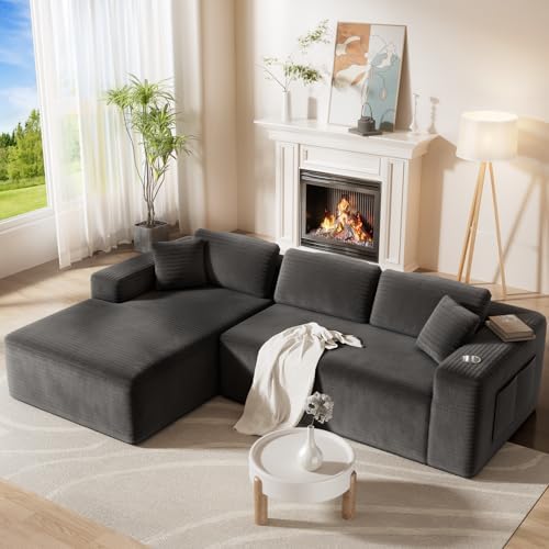 108†Cloud Sectional Couch in One Box, Compressed Modern Modular Sectional Sofa with Deep Seat, Corduroy Boneless Couches with Chaise, L-Shaped Sofa for Living Room, 4 Storage Pockets(Grey)