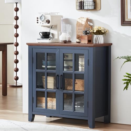 Large Sideboard Buffet Cabinet with Storage, 32" Farmhouse Navy Blue Kitchen Coffee Wine Bar Cabinet with 2 Glass Doors, Wood Mid Century Modern Side Board Table for Dining Room, Living Room