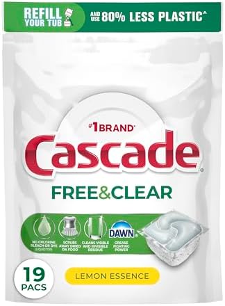 Cascade Free & Clear Dishwasher Pods, Dishwasher Detergent, Dish Detergent Soap, Lemon Essence, 19 Count