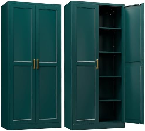 Kitchen Pantry Cabinet,71”Green Metal Pantry Storage Cabinets with Doors and 4 Adjustable Shelves,Kitchen Cabinet with 2 Gold Handles,Tall Cabinet for Livingroom, Bathroom