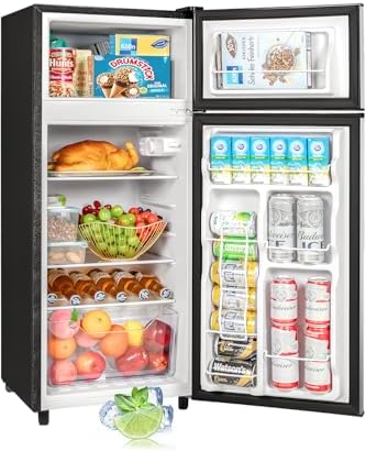 Double Door Refrigerator with Freezer, 4.5 Cu.Ft, Small Fridge with Freezer, 7 Settings Temperature Adjustable, Mini Refrigerator for Office and Apartment Bedroom Dorm(4.5 Cu.Ft, Silver)