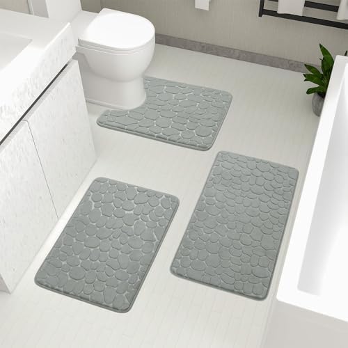 YIHOUSE Bathroom Rugs Set, 3 Piece Cobblestone Memory Foam Bath Mats, Extra Thick Non Slip, Water Absorbent, Washable Light Grey for Tub, Toilet and Floor