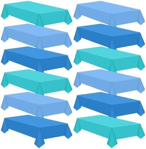 12 Pcs Ocean Tablecloth Disposable Plastic Tablecloth Waterproof Table Cover for Rectangle Sea Table Cover for Surf Ocean Pool Party Birthday Decor, 54 x 108 Inch, Lake Blue, Sky Blue, Dark Blue