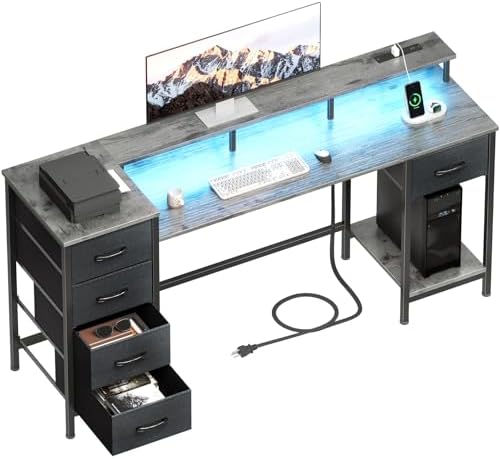 55 Inch Computer Gaming Desk with Power Outlets LED Lights, Reversible Home Office with Adjustable Fabric Storage Drawers for Working Writing Study, Grey