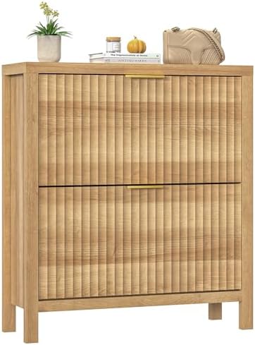 Shoe Cabinet Storage for Entryway, Fluted Shoe Cabinet with 2 Flip Drawers, Hidden Shoe Rack Tall Freestanding Shoe Organizer with Legs for Hallway, Wood