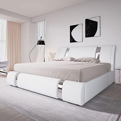 Allewie King Size Bed Frame with Iron Piece Decor, Faux Leather Upholstered Platform Bed with Curved Adjustable Headboard, Wooden Slats Support, No Box Spring Needed, Modern White
