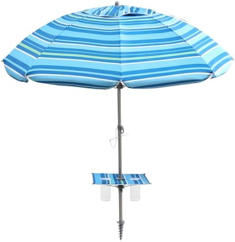 7ft Beach Umbrella featuring a built-in table with Sand Anchor & Tilt, UPF 50+ Protection Beach Umbrellas for Sand, Umbrellas for Heavy Duty Wind Portable with Carry Bag, Light Blue Stripes