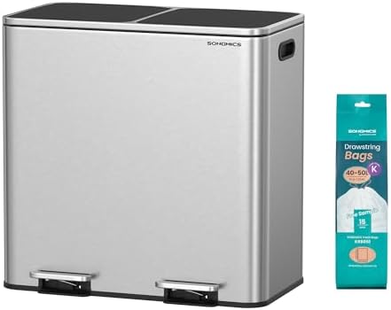 SONGMICS Trash Can, 2 x 10.6 Gallon (2 x 40 L) Garbage Can for Kitchen, with 15 Trash Bags, 2 Compartments, Plastic Inner Buckets and Hinged Lids, Airtight, Silver and Black ULTB730E80