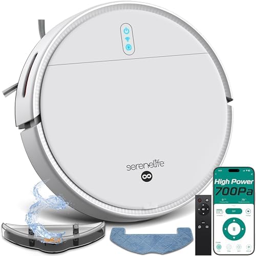 SereneLife Smart Robot Vacuum and Mop Combo, App Control, 3 Cleaning Modes, Anti-Fall Sensors, Multi-Surface Cleaning, Self-Charging, 700Pa Suction Ideal for Pet Hair, Soft and Hard Floors, White