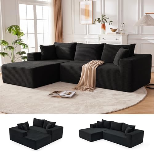 110” Cloud Sectional Couch, Boneless Sofa for Living Room, Modular Sectional Sofa with Deep Seat, Comfy Fluffy Couch with L-Shaped Chaise, No Assembly Required (Left-Facing Chaise, Black)