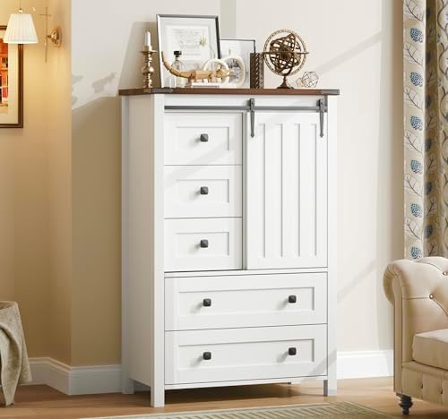 GarveeHome Farmhouse 5 Drawer Dresser for Bedroom, 48 in Tall Wood Dresser Chest of Drawer with Sliding Barn Door, Adjustable Shelf, Storage Organizer for Bedroom, Hallway, Living Room, Kitchen, White